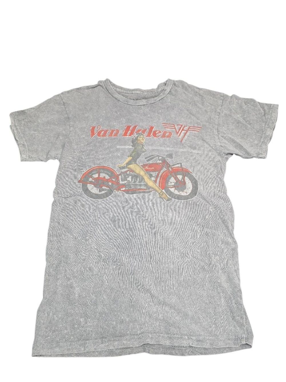Van Halen Motorcycle Pinup Graphic Tee Mens Medium Gray Mineral Wash Shirt